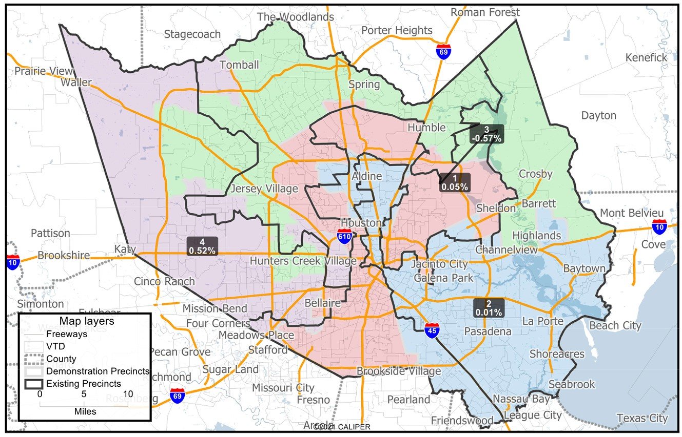 Harris County Commissioners voted along party lines to adopt the map above which was proposed by Precinct 1 Commissioner Rodney Ellis. This was Ellis’ third map proposal after Republican commissioners on the court described his initial proposal as “corrupt” and implied that it was gerrymandered in favor of Democrats.